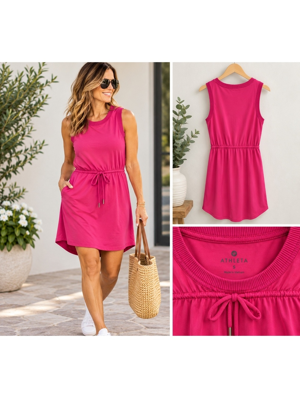 Athleta Pink Sleeveless Drawstring Waist Dress Size Small Casual Travel Dress